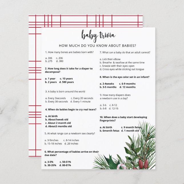 Evergreen Snow Baby Trivia | Jogo Chá de fraldas (Frente/Verso)