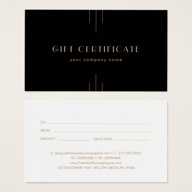 EVERLY Art Deco Black and Gold Gift Certificate (Frente & Verso)