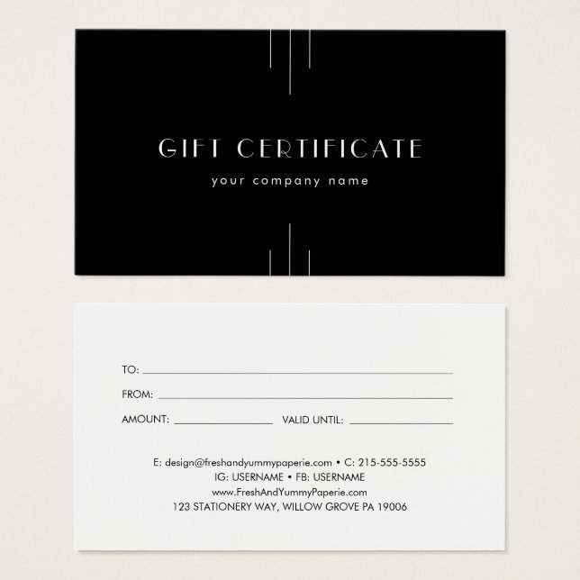 EVERLY Art Deco Black Business Gift Certificate (Frente & Verso)