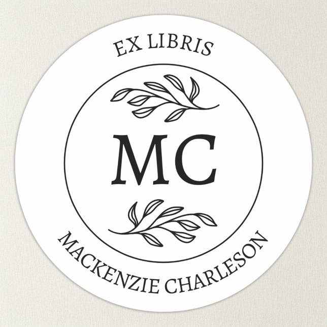 Ex Libris Personalizado com Monograma de Etiqueta  (Botanical Leaf classical monogram initial personalized Ex Libris from the library of sticker)