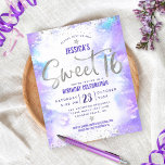 Exame de Prata 16 Púrpura de Água Doce de Prata<br><div class="desc">"Feliz Doce 16". Envie este convite de festas de orçamento estonteante, brilhante, giro, festivo, moderno, personalizado, personalizado para um evento a lembrar. Folha de prata cintilante e minúsculos pontos brilhantes de confetti e script de tipografia sobrepõem um fundo de aquarela roxa mole. Personalize o texto personalizado com o nome da...</div>