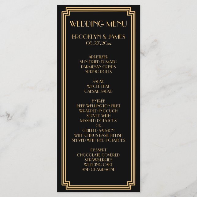 Excelente Art Deco Black Dourado Wedding Menu Card (Frente)
