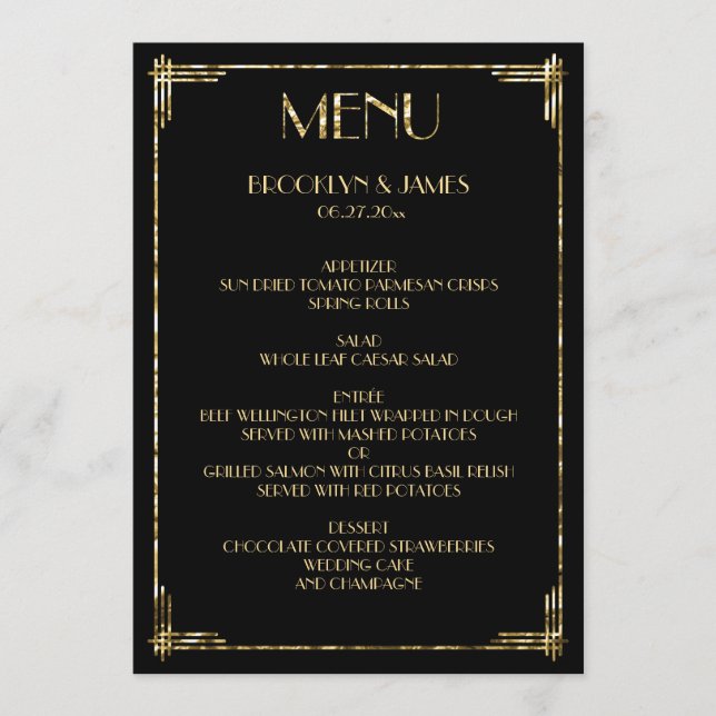 Excelente De Folha Ouro Gatsby Art Deco Menu Casam (Frente)