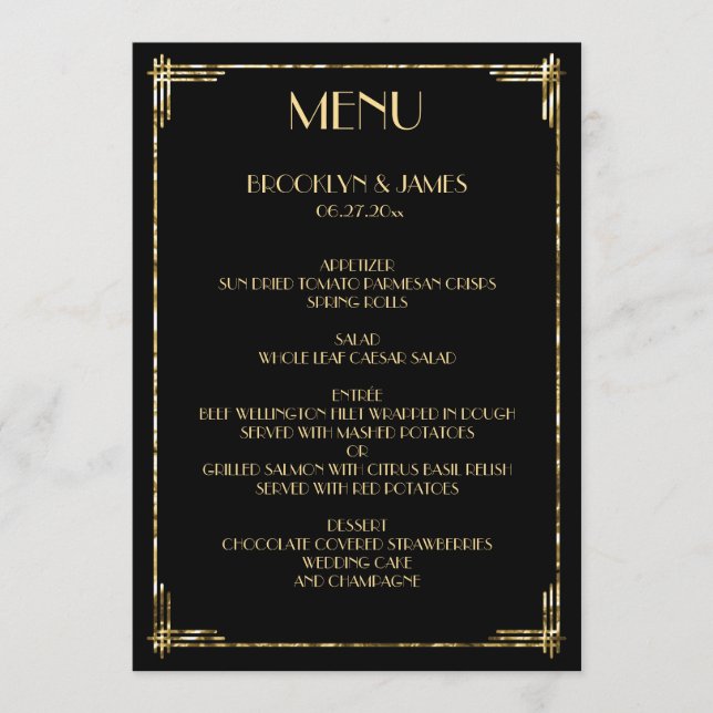 Excelente De Folha Ouro Gatsby Art Deco Menu Casam (Frente)