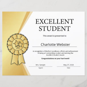 Excelente e Dourado Certificado de Honra de Prêmio