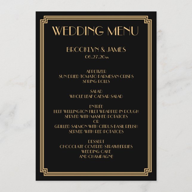 Excelente Gatsby Art Deco Dourado Menu Negra (Frente)