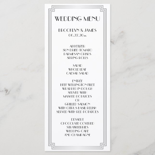 Excelente Gatsby Art Deco Silver Wedver Menu Card (Frente)