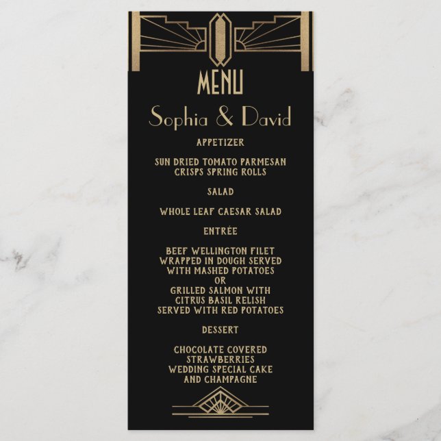 Excelente Gatsby Art Deco Wedding Menu Glam 1920 (Frente)