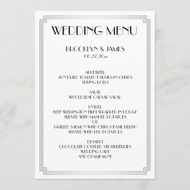 Excelente Gatsby Art Deco White Silver Wedch Menu (Frente)