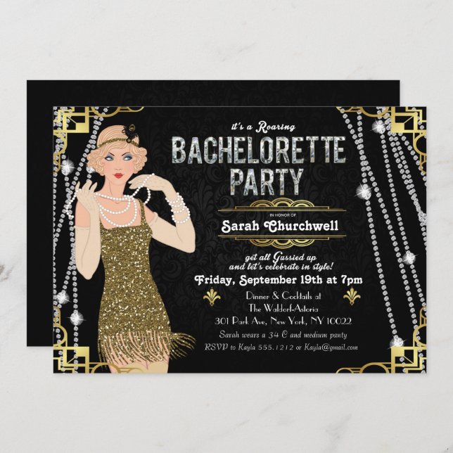 Excelente Gatsby Flapper Girl Bachelorette Convite (Frente/Verso)