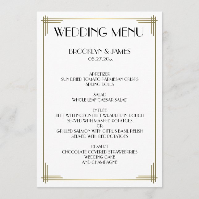 Excelente Gatsby White Art Deco Menu Casamento (Frente)