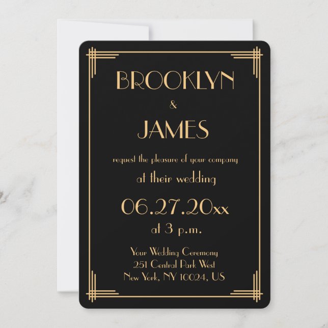Excelente Negro Gatsby Art Deco Convite para Casam (Frente)