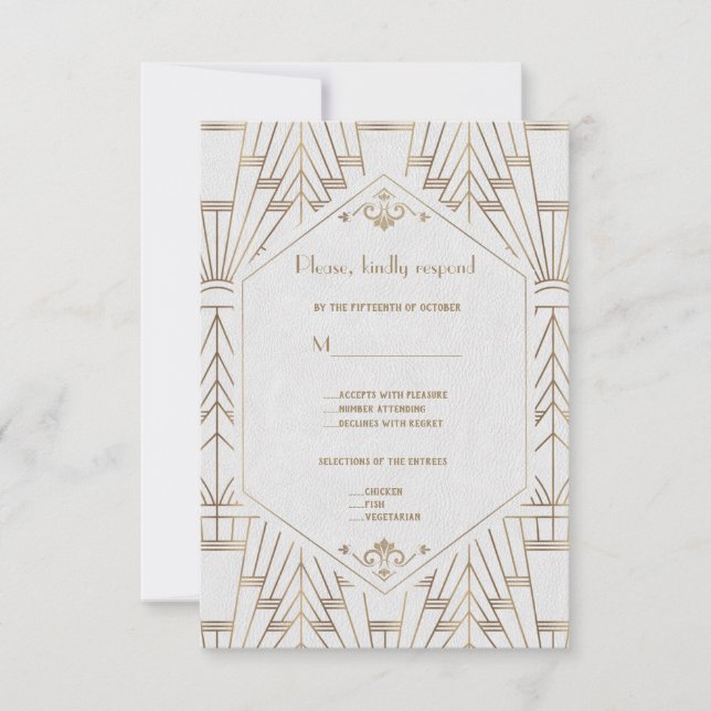 Excelente Real Branco Dourado Gatsby Wedding RSVP (Frente)