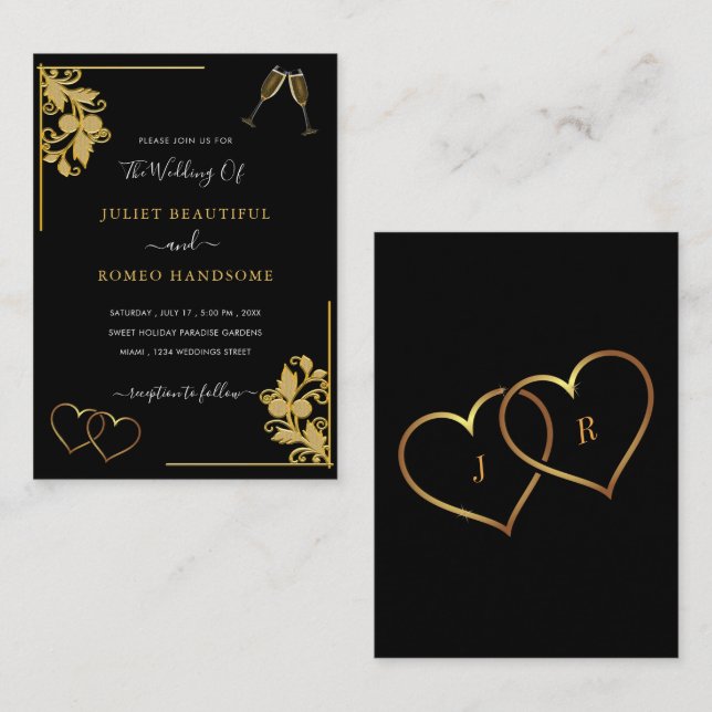 Exemplo de Convite de Casamento Preto e Dourado Fl (Frente/Verso)