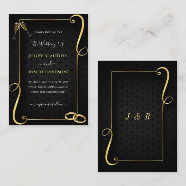 Exemplo de Convite para Casamento Dourado e Preto (Frente/Verso)