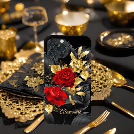 Exótico Elegante Rosa Vermelha Floral Rico Dourado