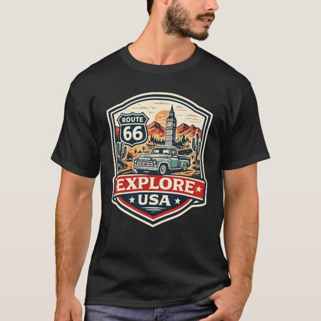 Explore EUA Rota 66 Camisa com Insígnia de Viagem  (Frente)