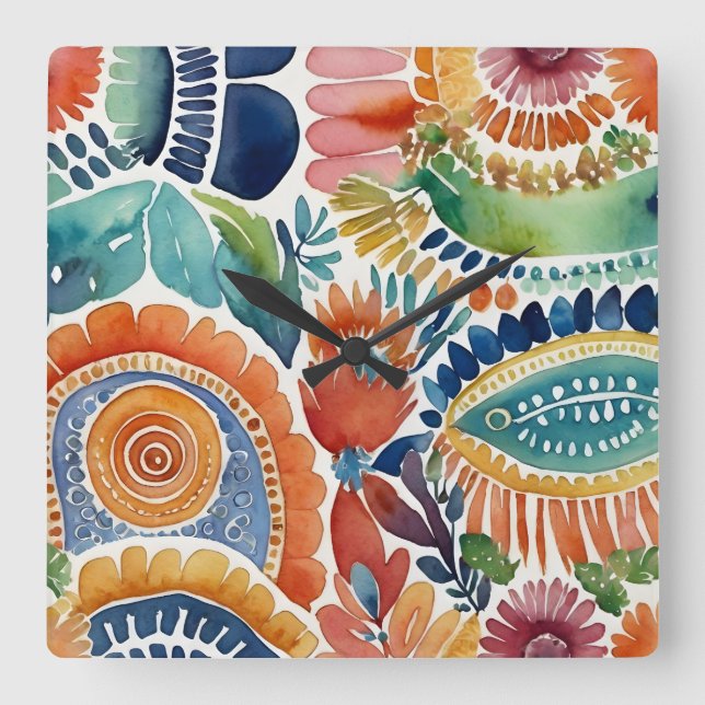 Explosão Floral Vibrante: Relógio de Parede de Aqu (Frente)