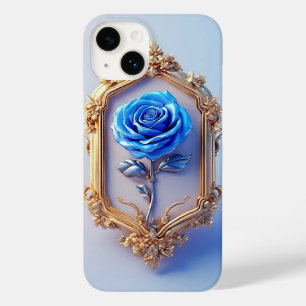 Exposição de Rosa Azul Elegante em Moldura Dourada