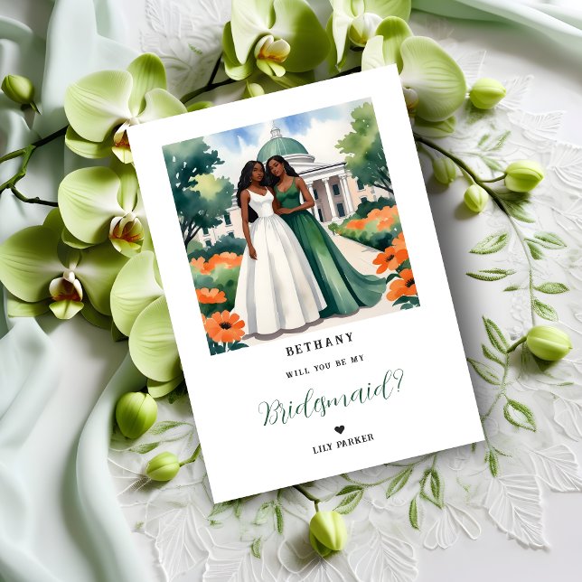 Exquisite Green 2 Afro American Girls Proposal (Exquisite Green Two Afro American Girls Illustration Watercolor Effect Bridesmaid Proposal Card. )