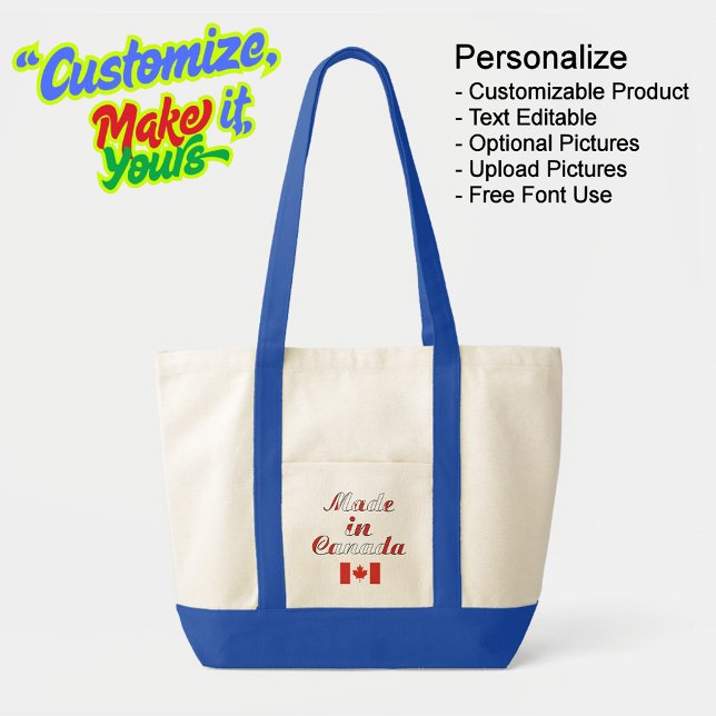 Fabricado no Canadá como uma bolsa de Tote Natural (Made in Canada Natural & Blue Tote Bag - Personalize, Customizable & Text Editable.)