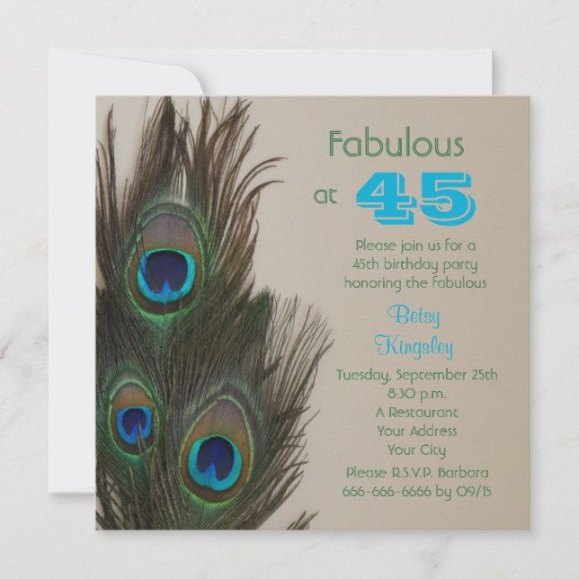 Fabuloso Convite de aniversário Peacock 45º (Frente)