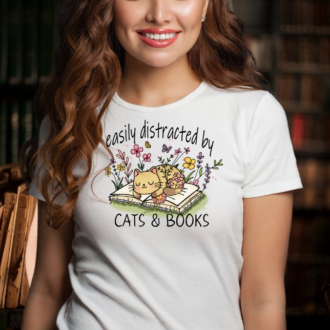 Fácil distração por camiseta de gatos e livros (Criador carregado)