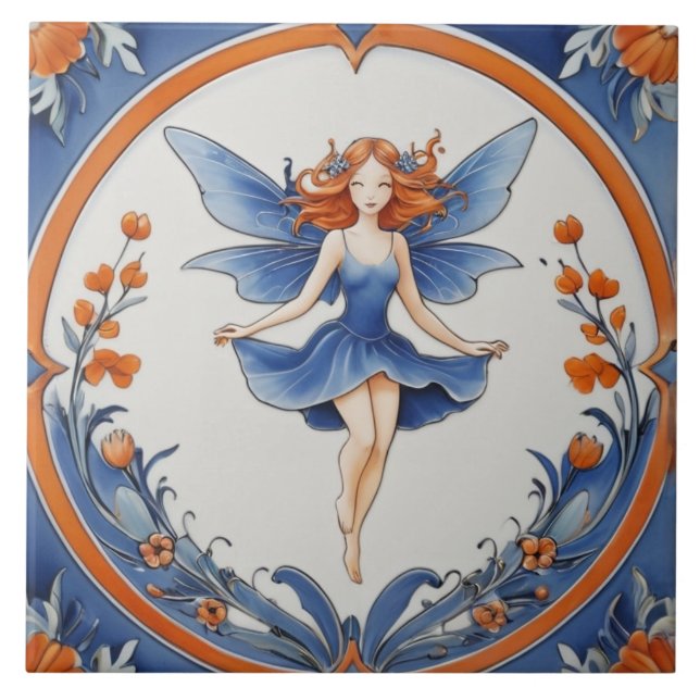 Fada de Cabeça Vermelha na Natureza Floral Azul e  (Frente)