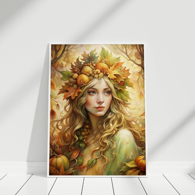 Fada de Folha ouro - Impressão de Arte de Muro Eet (Golden Leaf Fairy – Ethereal Autumn Wall Art Print in a white wooden frame)