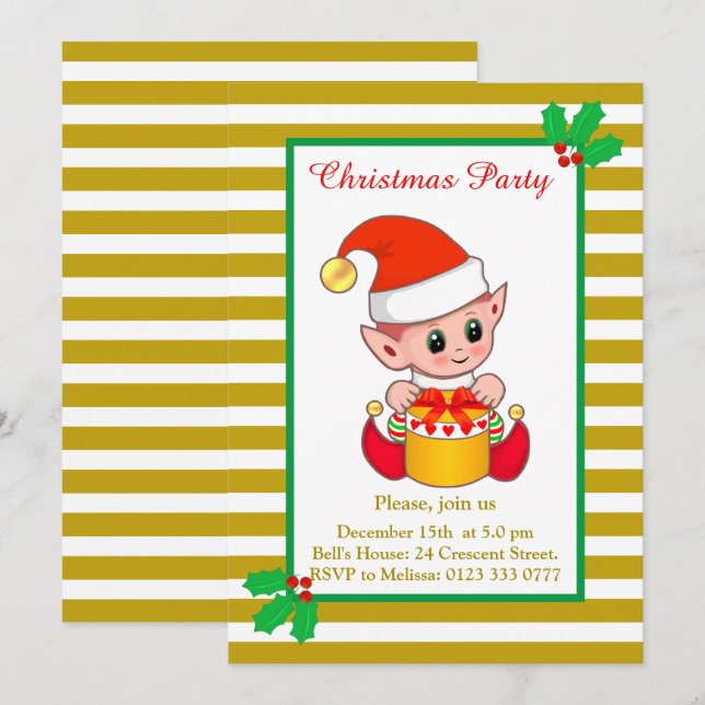 Fada de Natal Fofo em Convite Dourado e Branco (Frente/Verso)