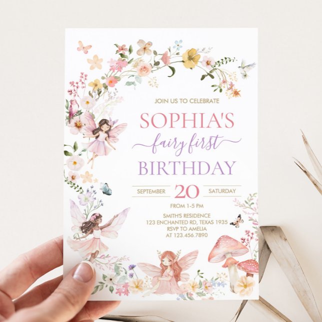 Fada de primeira Convite de aniversário (Floral Wildflower Fairy First Birthday Party Invitation)