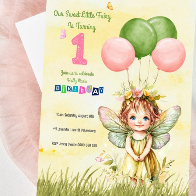 Fada Doce Pesonalizada Primeiro Convite De Anivers (Sweet Pastel Fairy First Birthday Invitation For Girls - Fairytale themed Birthday)