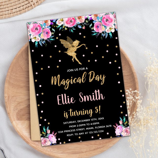 Fada Flebre Preta Cor-de-Rosa, Convites de Anivers (Black Pink Floral Fairy Birthday Invitations)