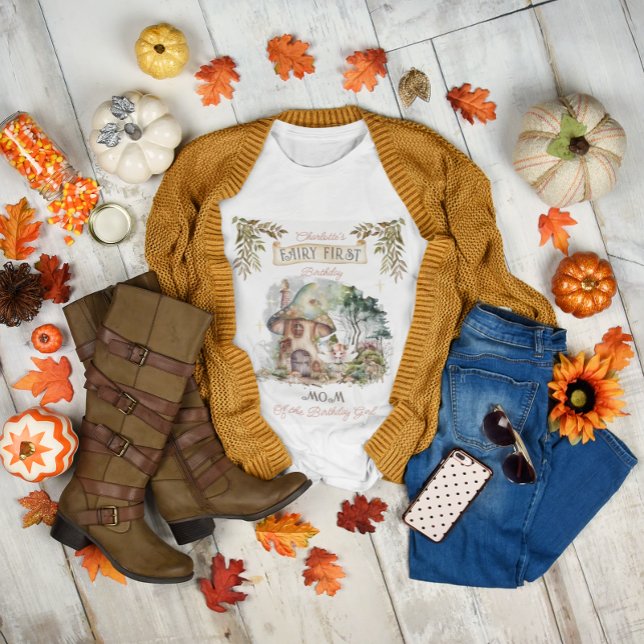 Fada Primeira Madeira Animais Cogumelo Aniversário (Fairy First Woodland Animals Mushrooms Girl's 1st Birthday "Mom of the Birthday Girl" T-Shirt)