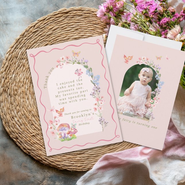 Fada Rosa Branca Primeiro Cartões de agradecimento (Whimsical Pink Fairy First Birthday Thank You Card
)