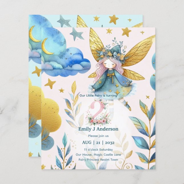 Fada-segundo aniversário Fairytale DOIS HOJE Anive (Frente/Verso)