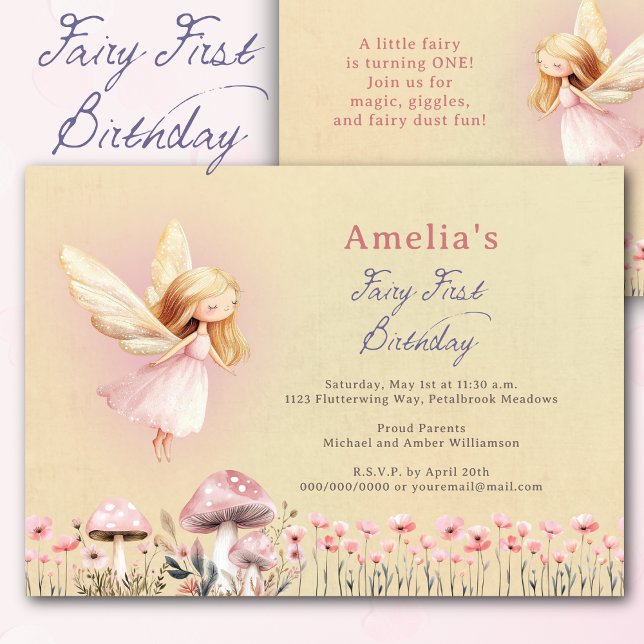 Fairy First Theme Festa de 1º Aniversário da Menin (1st Birthday Invitation. Cute fairy themed to celebrate a fairy first birthday. Adorable watercolor.)