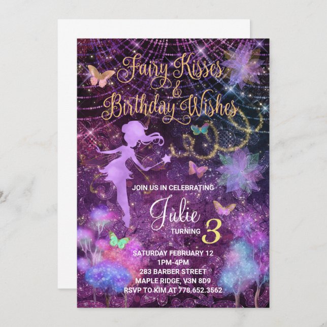 Fairy Kisses e Birthday Deseja Convite (Frente/Verso)