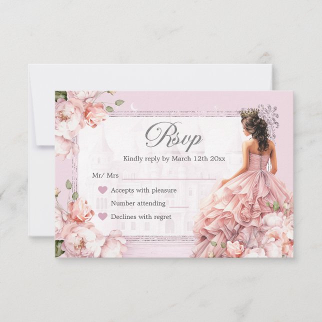 Fairytale Royal Castle Blush Pink Quinceanera RSVP (Frente)