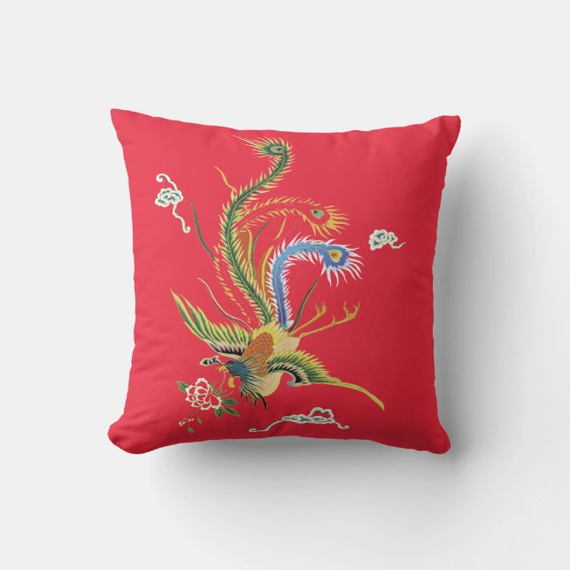 Faisão Oriental em Almofada Vermelha Brilhante (Frente)