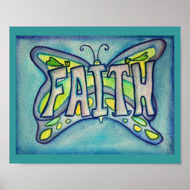 Faith Word Blue Butterfly Impressão Poster (Frente)