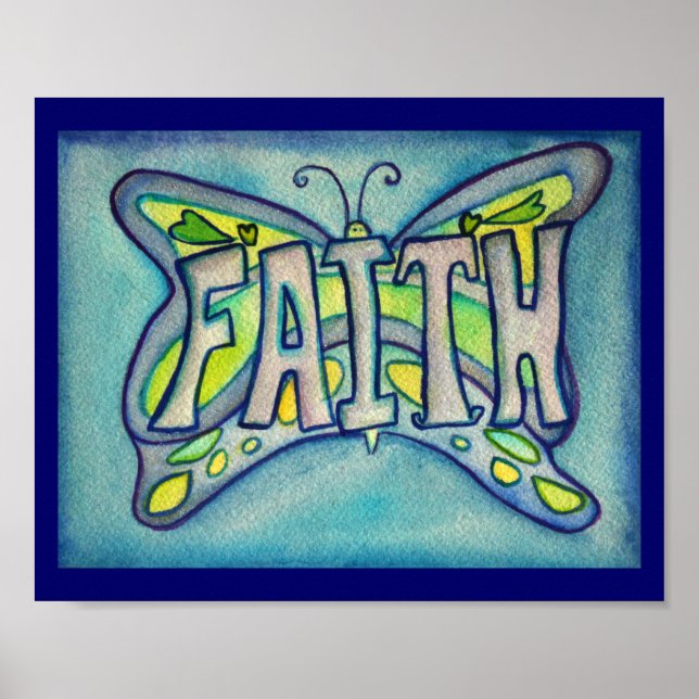 Faith Word Blue Butterfly Poster Impressão Art (Frente)