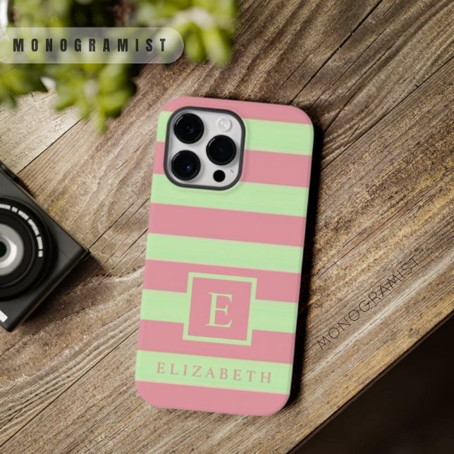 Faixa de cores verde rosa do Pastel flexível perso (Customizable Soft Pastel Pink Green Color Stripes Case-Mate iPhone Case)