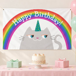 Faixa de Feliz Aniversário Gato Fofo Arco-íris