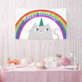 Faixa de Feliz Aniversário Gato Fofo Arco-íris