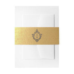 Faixa Decorativa Para Convite Crest Faux Dourado Azul Marinho Monograma Luxo