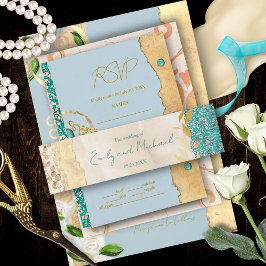 Faixa Decorativa Para Convite Elegant Turquoise Gold Floral Lace Wedding        