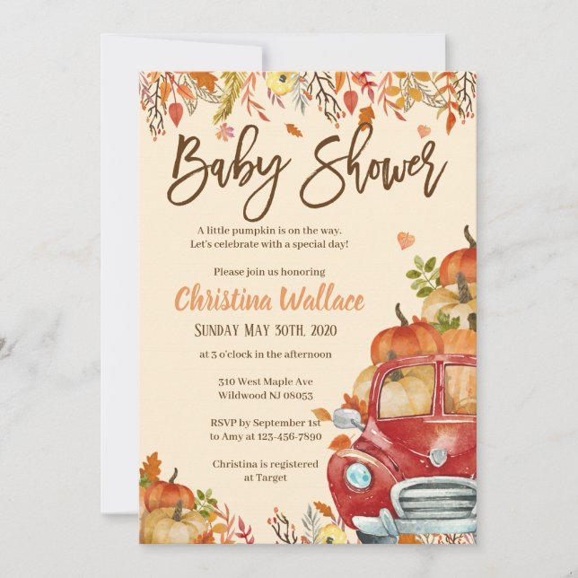 Fall Baby Shower Convites Pequeno Pumpkin (Frente)