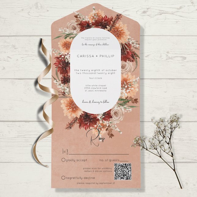 Fall Boho Rust & Peach Floral Oval Código QR (Criador carregado)