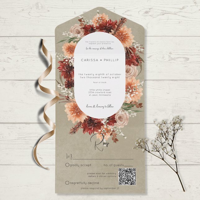 Fall Boho Rust & Peach Floral Oval Sage Código QR (Criador carregado)